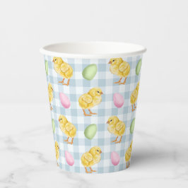Vasos De Papel Pollito y huevos en acuarela sobre patrón de cuadr