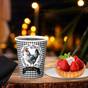 Vasos De Papel Pollo rústico de gallo de campo BW Gingham Checks