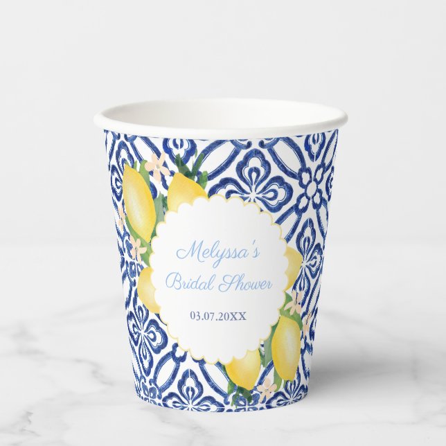 Vasos De Papel Positano Lemons Blue Tiles Bridal Shower Fiesta (Anverso)
