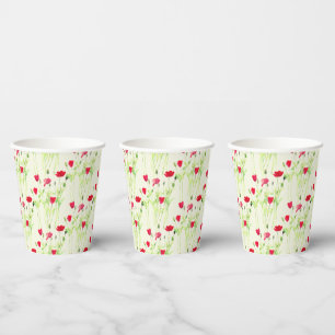 Vasos De Papel Pradera de verano de amapolas rojas, flores silves