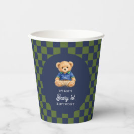 Vasos De Papel Preppy Beary 1st Birthday Checkboard