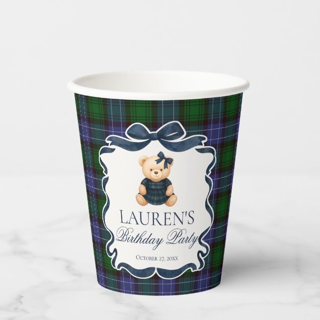 Vasos De Papel Preppy Coquette Bow Bear Tartan Plaid Birthday (Anverso)