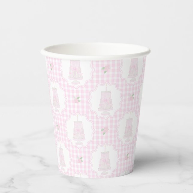 Vasos De Papel Preppy Pink Bows Trellis Primer Cumpleaños Ribbone (Anverso)