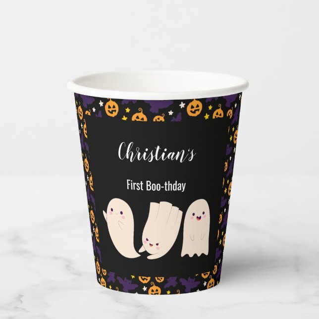 Vasos De Papel Primer Boo-thday Halloween Ghost 1er cumpleaños (Anverso)