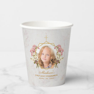 Vasos De Papel Primer Chica de la Comunión Foto Marble Oro Orquíd