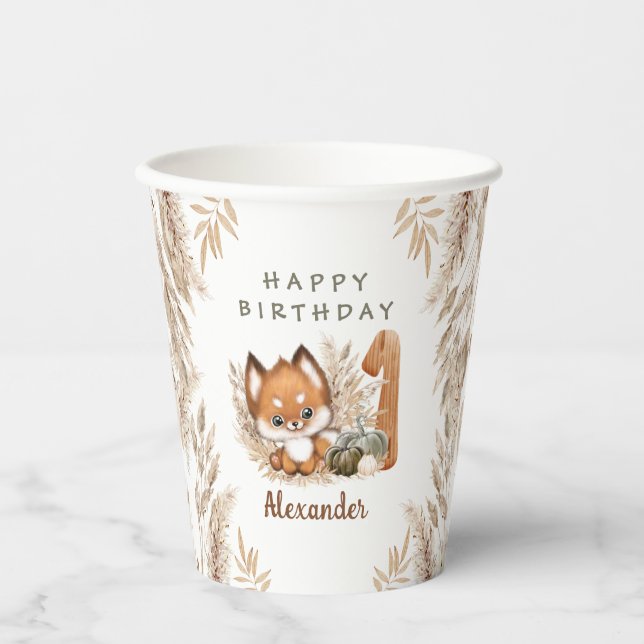 Vasos De Papel Primer cumpleaños Cute Fox Fall Boy Cups de papel (Anverso)