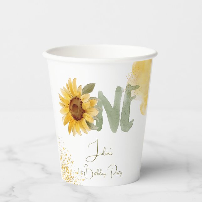 Vasos De Papel Primer cumpleaños de girasol acuarela (Anverso)