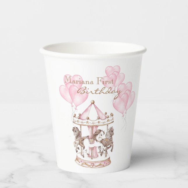 Vasos De Papel Primer cumpleaños de Girly Carousel Pink Unicorn (Anverso)