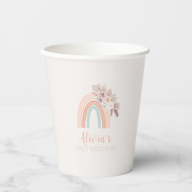 Vasos De Papel Primer cumpleaños de la acuarela arcoiris Boho (Anverso)