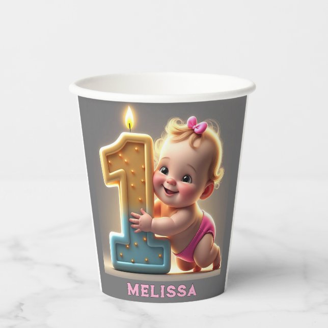 VASOS DE PAPEL "PRIMER CUMPLEAÑOS DE LA NIÑA DE BEBÉ" (Anverso)