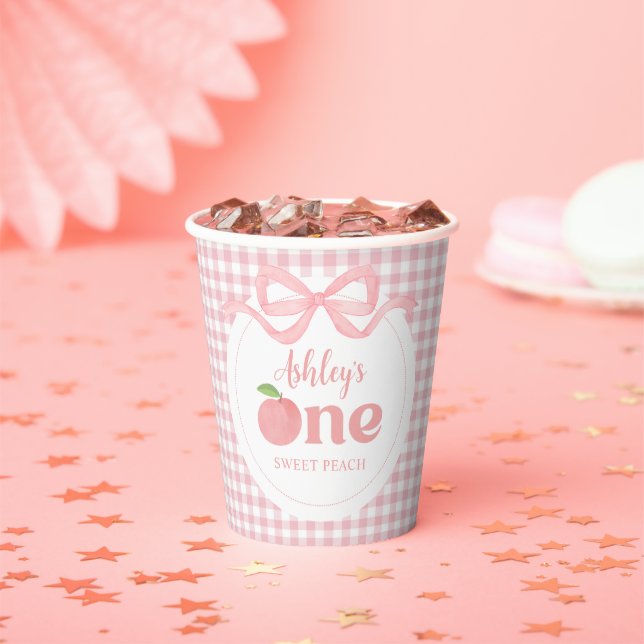 Vasos De Papel Primer cumpleaños de Pink Gingham Peach (in situ)
