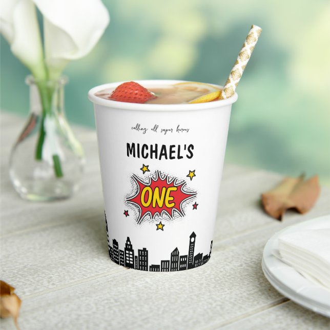 Vasos De Papel Primer cumpleaños de Superhéroe dinámico (in situ)