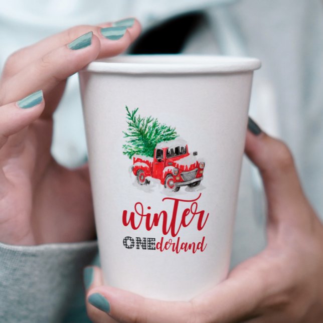 Vasos De Papel Primer cumpleaños de Winter Onederland Red Truck (Subido por el creador)