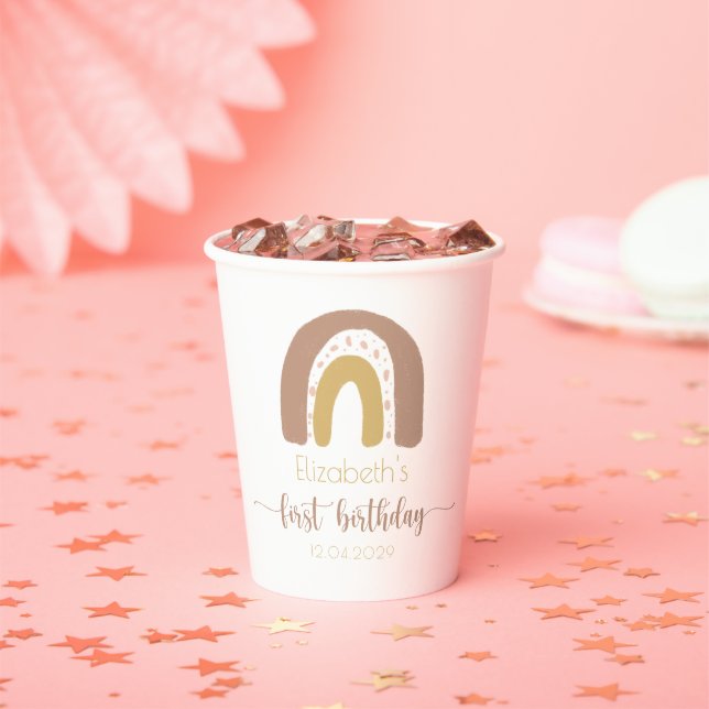 Vasos De Papel Primer cumpleaños del arco iris moderno de oro ros (in situ)