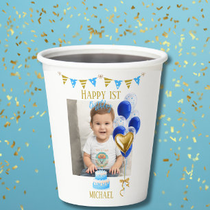 Vasos De Papel Primer Cumpleaños Niño Foto Globo Azul Dorado Lind