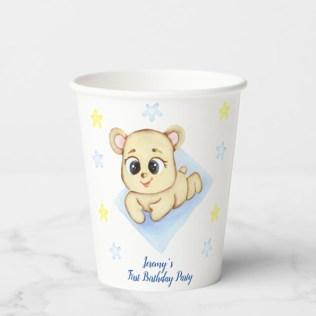 Vasos De Papel Primer cumpleaños personalizado Teddy Bear Boy (Reverso )