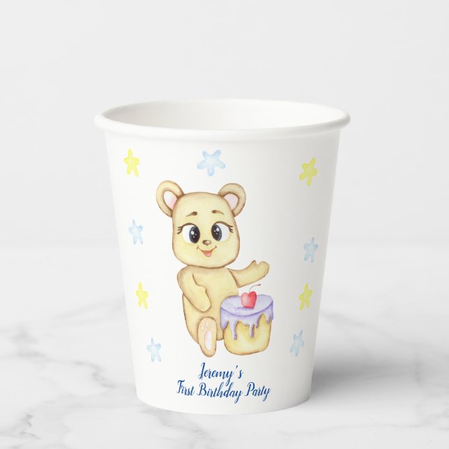Vasos De Papel Primer cumpleaños personalizado Teddy Bear Boy (Anverso)
