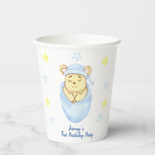 Vasos De Papel Primer cumpleaños personalizado Teddy Bear Boy (Anverso)