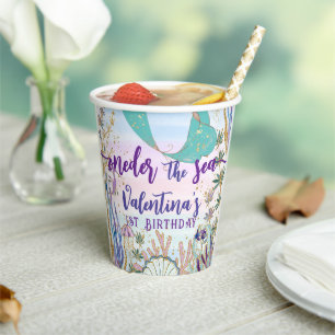 Vasos De Papel Primer Purpurina de la sirena de cumpleaños marina