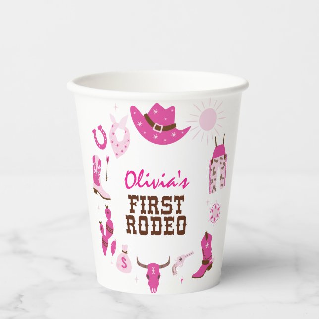 Vasos De Papel Primer Rodeo Pink Western Cowboy Cumpleaños 1 (Anverso)