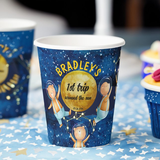 Vasos De Papel Primer viaje alrededor del personalizado de la fie (First trip around the sun birthday party monogram personalized printed  paper cups)