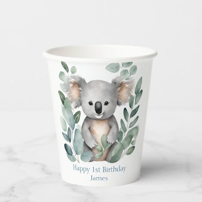 Vasos De Papel Primera acuarela de cumpleaños Koala Bear Cumpleañ (Anverso)