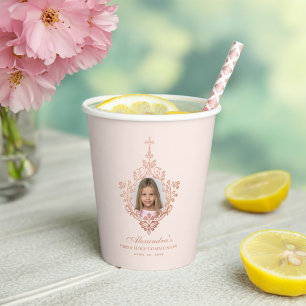 Vasos De Papel Primera Comunión Rosa Foto de Niña Cruz de Rosa Or