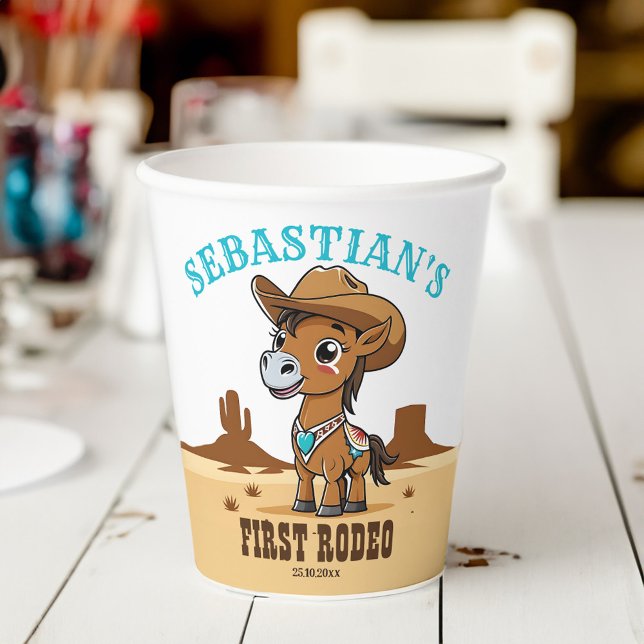 Vasos De Papel Primera mesa de la fiesta de cumpleaños del caball (First Rodeo cute cowboy horse birthday party tableware personalized Paper Cups)
