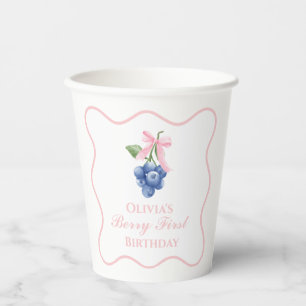 Vasos De Papel Primero de Fresa Cumpleaños de Arándano Lazo Rosa