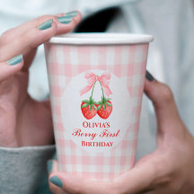 Primero de Fresa Cumpleaños de lazo rosa a cuadros