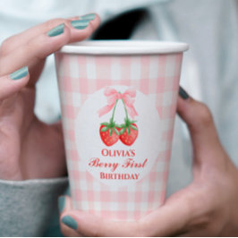 Vasos De Papel Primero de Fresa Cumpleaños de lazo rosa a cuadros