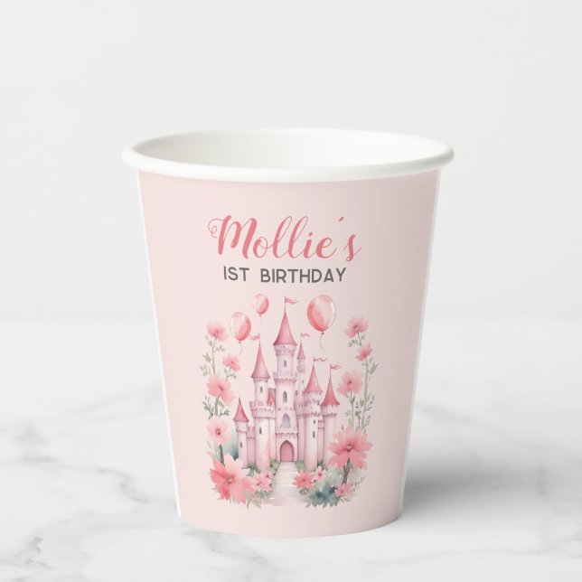 Vasos De Papel Princesa del Castillo Rosa de Cumpleaños del Niño (Anverso)
