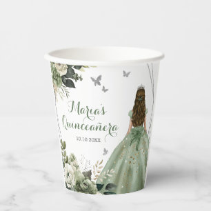 Vasos De Papel Princesa Geométrica Verde Sage XV Quinceañera