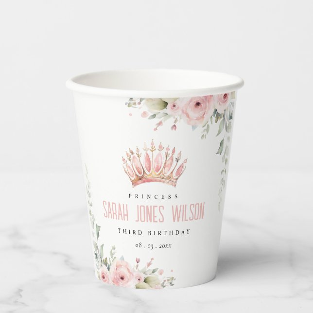 Vasos De Papel Princesa Rosa Corona Floral Tiara Cumpleaños (Anverso)