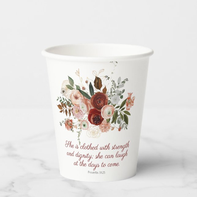 Vasos De Papel Proverbios 31:25 Elegante Rubor Floral rosa (Anverso)