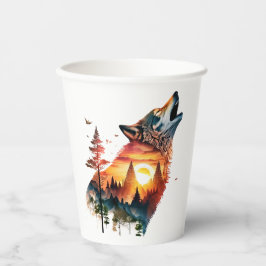 Vasos De Papel Puesta de sol de doble exposición de lobo aullando