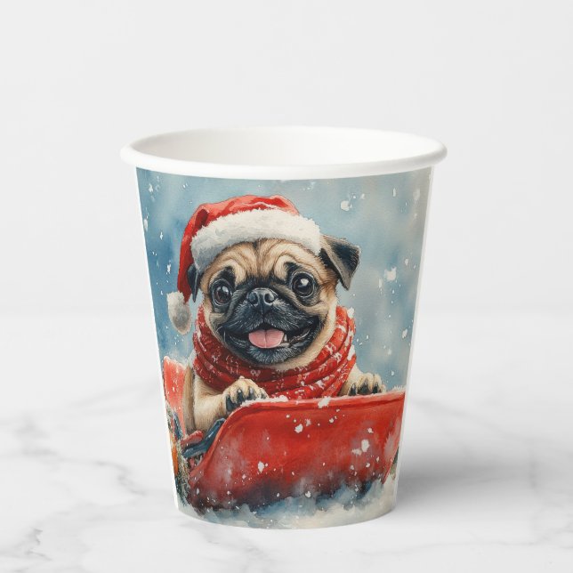 Vasos De Papel Pug Dog en la manga deja que nieve Navidades (Anverso)