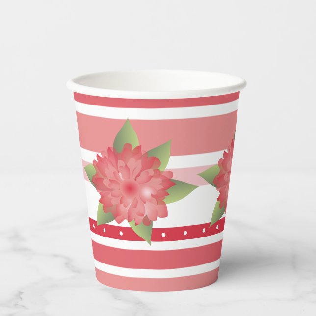 Vasos De Papel Puntos Florales Y De Polka Rosa (Anverso)