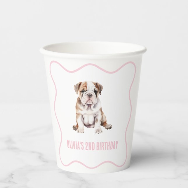 Vasos De Papel Puppy bulldog preppy pink plaid birthday (Anverso)