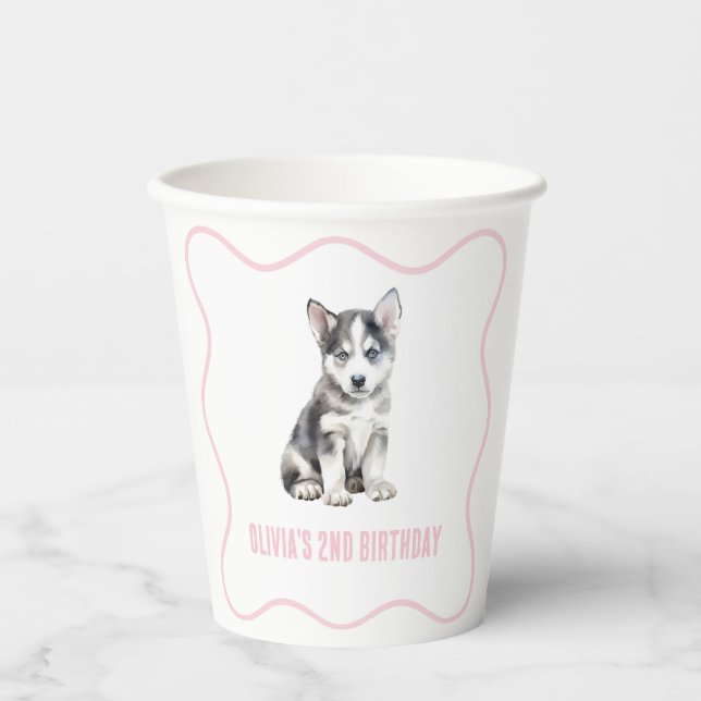 Vasos De Papel Puppy husky preppy pink plaid birthday (Anverso)