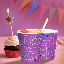 Vasos De Papel Purple Cute Girly Floral Nombre Feliz Cumpleaños