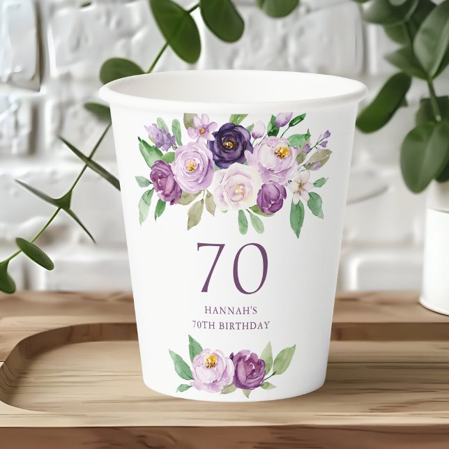 Vasos De Papel Purple elegante | Violet Floral 70 cumpleaños (Subido por el creador)