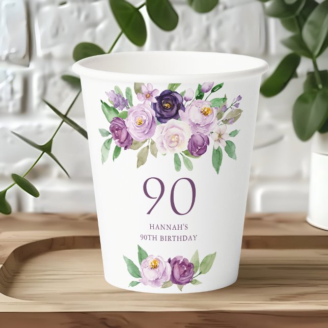 Vasos De Papel Purple elegante | Violet Floral 90 cumpleaños (Subido por el creador)