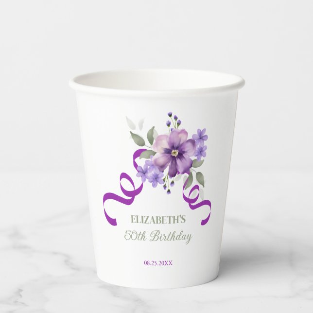 Vasos De Papel Purple Flower Greenery Ribbon Birthday (Reverso )