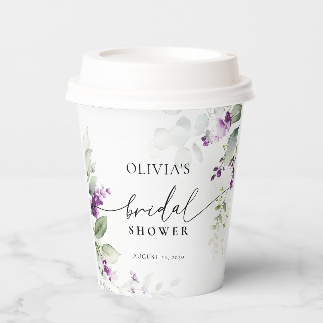 Vasos De Papel Purple Greenery Lavender Bridal Shower Paper Cup (Anverso)