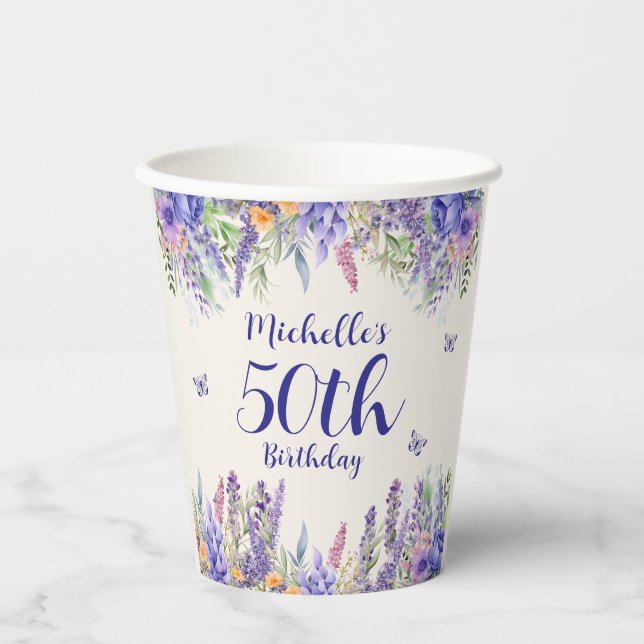 Vasos De Papel Purple Lavender Floral 50th Birthday (Anverso)