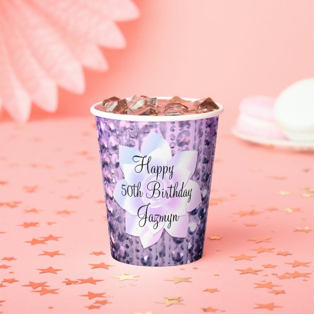 Vasos De Papel Púrpura y rosa elegante cumpleaños con cuentas (in situ)