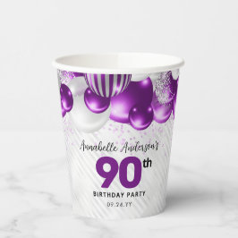 Vasos De Papel Purpurina 90º cumpleaños del globo de plata violet