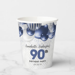 Vasos De Papel Purpurina 90º cumpleaños del globo Navy Blue Silve