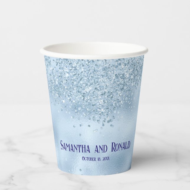 Vasos De Papel Purpurina azul bebé y tazas de papel de Boda de Re (Anverso)